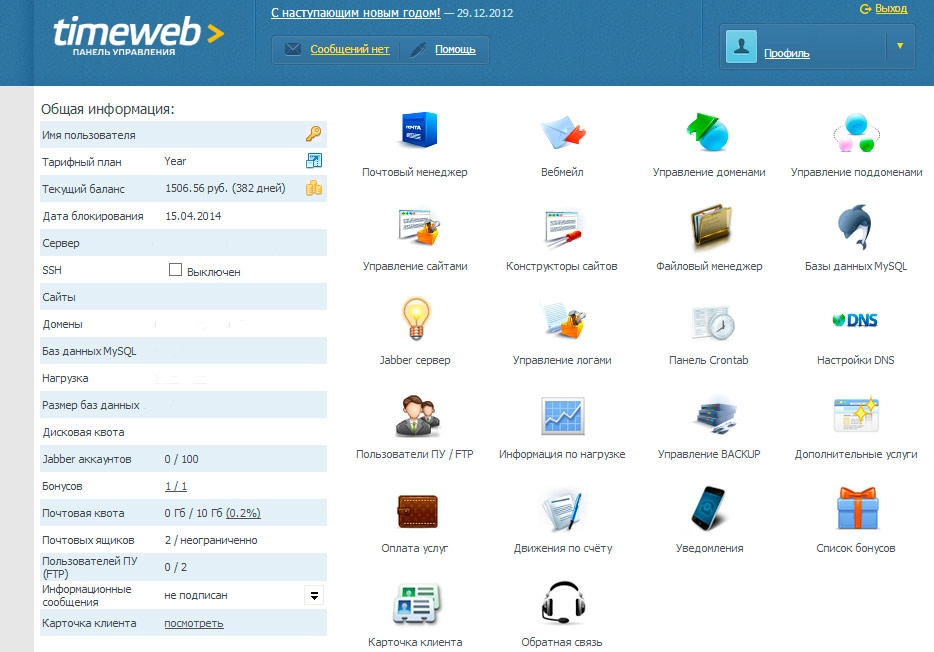 Панель управления Timeweb